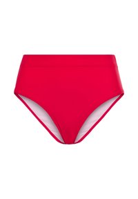 Rde bikini hlače visokega pasu z gladko teksturo, ki imajo enotno barvo, ukrivljene odprtine za noge in širok pas za udobje.