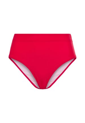 Raudoni aukštai iškirpti bikini dugnai su lygaus paviršiaus, turintys vienodą spalvą, išlenktus kojų išpjovimus ir plačią juosmenį patogumui.
