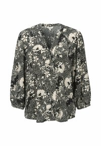 Svart och krämfärgad blus med blommönster, v-ringning, trekvarts puffärmar och en blandning av blommönster och prickar på lättviktsmaterial.