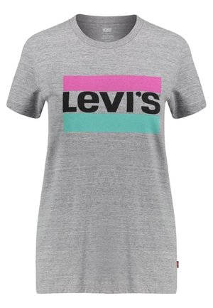 Grå Levi's t-shirt med korte ærmer, lyserøde og blågrønne horisontale striber og fed sort "Levi's" tekst på brystet.