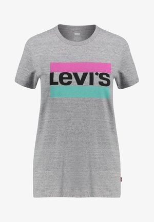 Graues Levi's T-Shirt mit kurzen Ärmeln, rosa und türkisfarbenen horizontalen Streifen und fettem schwarzem "Levi's"-Schriftzug auf der Brust.