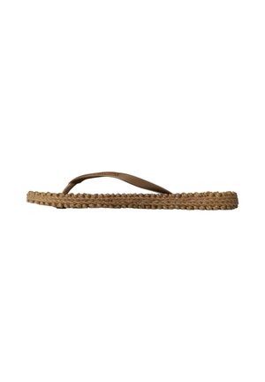 Brown braided flip-flop sandal with a flat woven jute sole and thin rubber straps, featuring a smooth texture and minimalist design.