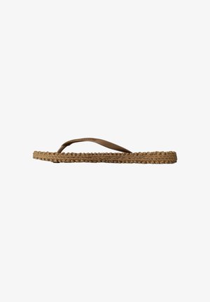 Brown braided flip-flop sandal with a flat woven jute sole and thin rubber straps, featuring a smooth texture and minimalist design.