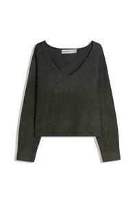 Pulover scurt de culoare gri închis, cu decolteu în V și mâneci lungi. Fabricat dintr-un material moale, texturat, cu tiv ondulat. Design simplu.