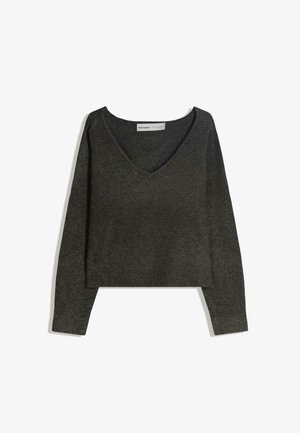 Maglione corto grigio scuro con scollatura a V e maniche lunghe. Realizzato in un morbido tessuto testurizzato con orlo a coste. Design semplice.