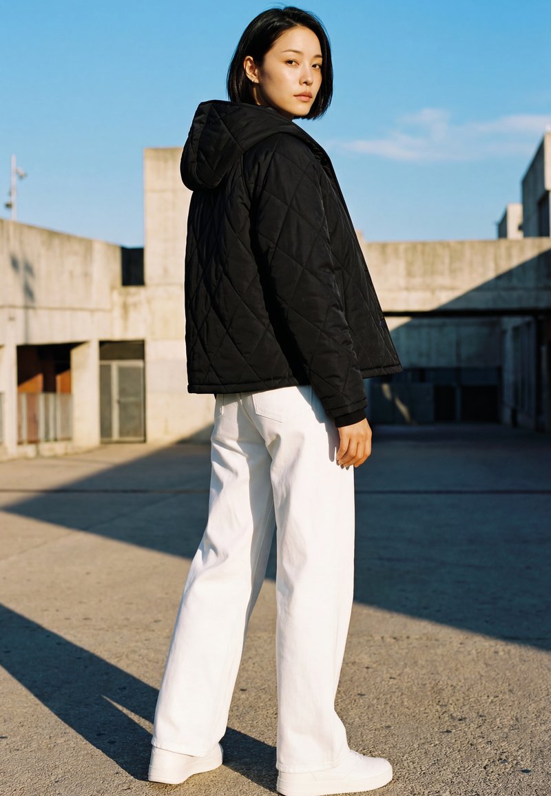 Jeune femme en veste matelassée noire et pantalon blanc, debout à l'extérieur sur un sol en béton, regardant par-dessus son épaule vers le ciel bleu.