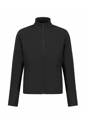 Black long-sleeve jacket with front zipper, high collar, and two zippered side pockets, displayed on a white background.