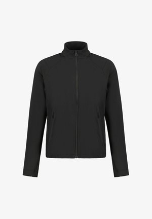 Schwarze langärmelige Jacke mit Frontreißverschluss, hohem Kragen und zwei seitlichen Reißverschlusstaschen, auf weißem Hintergrund dargestellt.