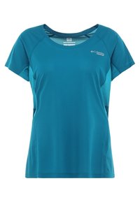 Kortsärmad atletisk t-shirt i teal med rund halsringning, lätt meshmaterial och liten Columbia Montrail-logga på övre vänstra bröstet.