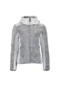 Samsø grey og hvid jakke med lynlås foran, hætte og tekstureret pelslignende stof på overkroppen samt glatte paneler på siderne.