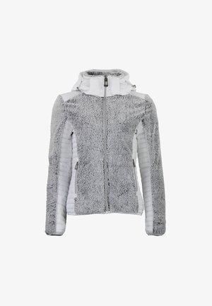 Samsø grey og hvid jakke med lynlås foran, hætte og tekstureret pelslignende stof på overkroppen samt glatte paneler på siderne.