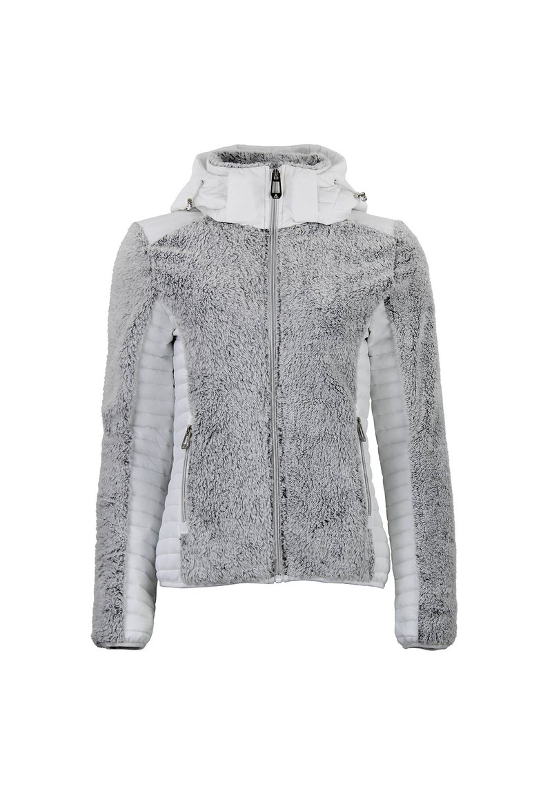 Samsø grey og hvid jakke med lynlås foran, hætte og tekstureret pelslignende stof på overkroppen samt glatte paneler på siderne.