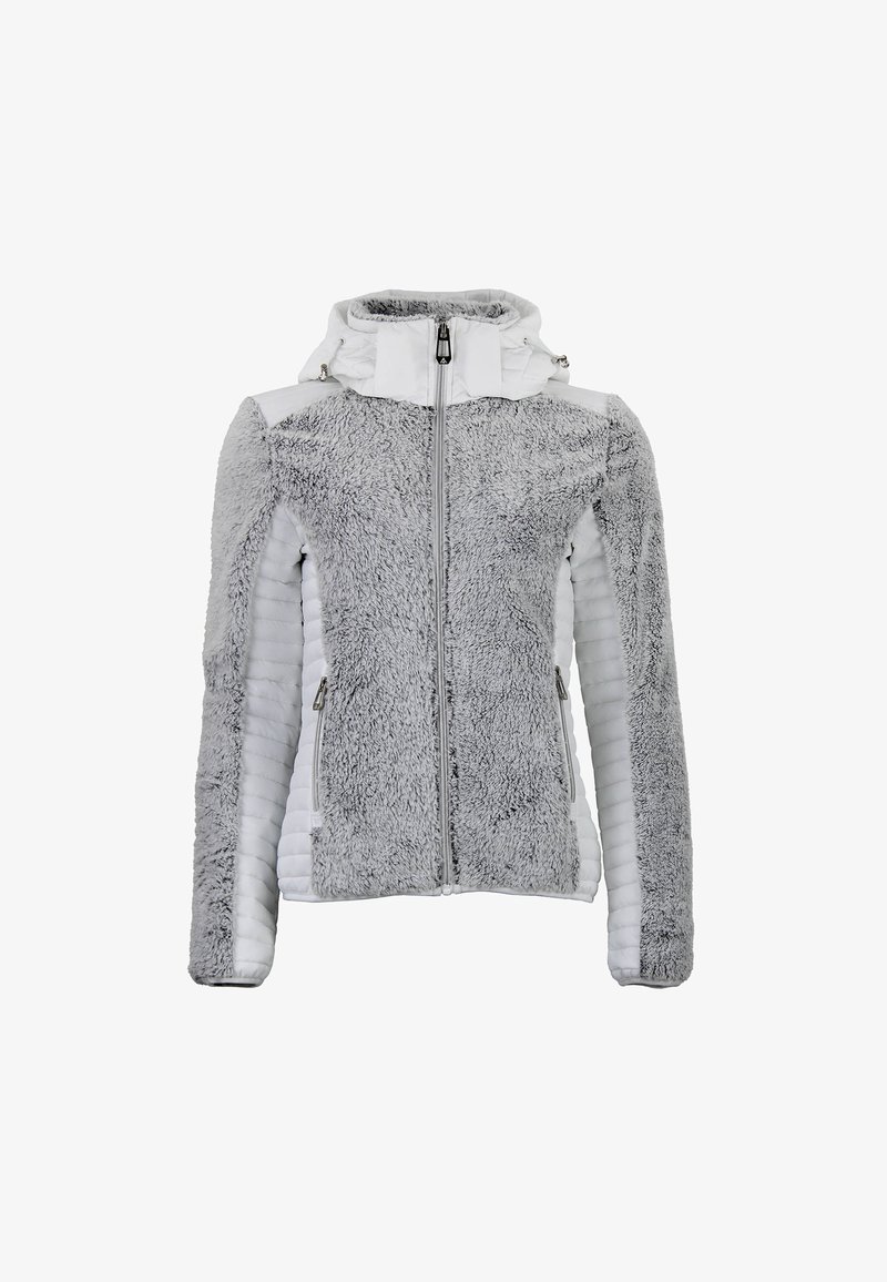 Samsø grey og hvid jakke med lynlås foran, hætte og tekstureret pelslignende stof på overkroppen samt glatte paneler på siderne.