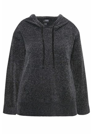 Tmavě šedý mikina s kapucí vyrobená z texturované tkaniny, s nastavitelnou šňůrkou a žebrovaným lemem. Volný střih s dlouhými rukávy.