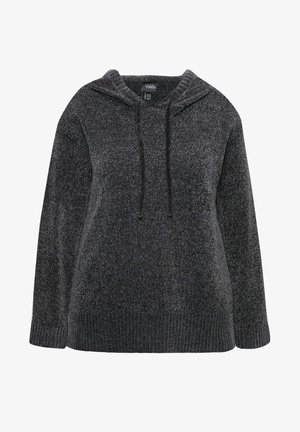 Mørkegrå hættepullover lavet af tekstureret stof, med snøre og ribbet kant. Casual pasform med lange ærmer.