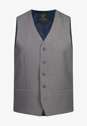 Szary bezrękawnik z pięcioma guzikami i dwoma przednimi kieszeniami. Wewnątrz znajduje się ciemnoniebieska podszewka z delikatnym wzorem. Tylko do prania chemicznego.