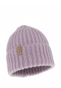 Cappellino a maglia di colore lilla chiaro con costine, risvolto e piccolo etichetta rettangolare color beige sul lato.