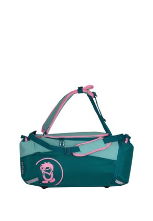 Sac de sport bleu sarcelle et rose avec deux poignées, bandoulière réglable, poche latérale et logo circulaire sur le panneau avant.