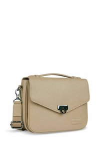 Borsa a tracolla in pelle beige con superficie tessurizzata, chiusura a pattina, dettagli in metallo, tracolla regolabile e logo.