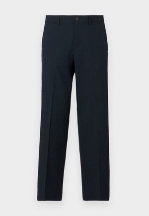 Pantalons bleu marine foncé en tissu tissé, avec une coupe droite, une fermeture à bouton unique et des détails de plis à l'avant.