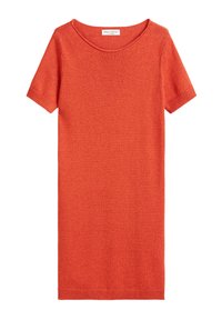 Robe en tricot à manches courtes de couleur orange vif, dotée d'un col rond et d'un ourlet à côtes. Texture douce avec une finition lisse, conçue pour le confort.