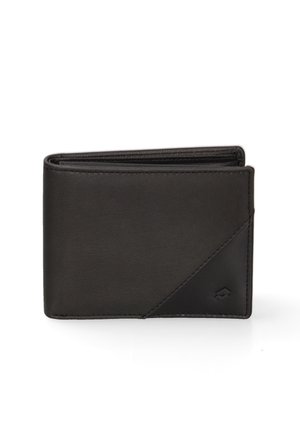 Schwarze Lederbörse mit strukturiertem Finish, ausgestattet mit einem diagonalen Akzent und einem Logo. Kompaktes Design im Klappstil.