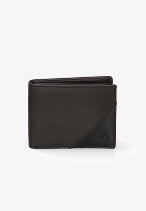Portefeuille en cuir noir avec une finition texturée, présentant un accent diagonal et un logo. Design compact avec un style rabat.