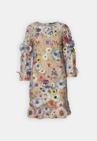 Broderet blomsterkjole med lange, gennemsigtige ærmer, der har flerfarvede blomster på en lysebrun bund, rund udskæring og knælængde.