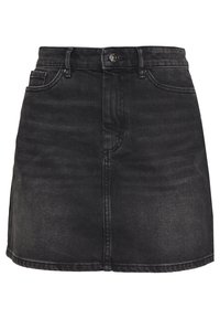 Czarna spódnica dżinsowa z dopasowaną talią, pięcioma kieszeniami i zapięciem na guziki. Posiada delikatnie wyblakłą teksturę i prosty brzeg. Minimalistyczne akcenty przeszyć.