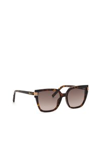 Lunettes de soleil à monture carrée écaille avec verres marron dégradés et accents dorés sur les branches, présentées sur fond blanc.