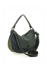 Borsa in pelle di colore verde scuro, oliva e blu navy con forma morbida da hobo. Presenta una chiusura con zip e una tracolla regolabile con accessori metallici.