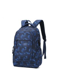 Zaino blu navy con motivo astratto blu. Presenta numerosi scomparti, spallacci regolabili e una maniglia superiore per una facile portabilità.