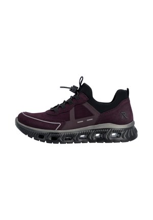 Purple and black athletic shoe with reflective accents, lace toggle, cushioned sole with ventilation holes, and pull tabs on heel and tongue.