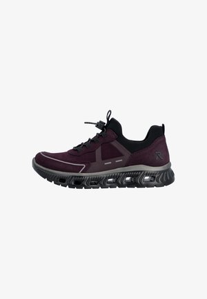 Lila-schwarzer Sportschuh mit reflektierenden Akzenten, Schnürstopper, gepolsterter Sohle mit Belüftungslöchern und Zuglaschen an Ferse und Zunge.