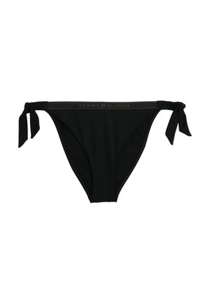 Črne spodnje hlačke bikinija s stranskimi povezavami, izdelane iz elastičnega materiala. Vključujejo trak z logotipom s tekstom "TOMMY HILFIGER" v kontrastni barvi.