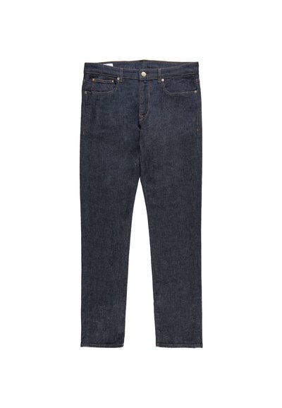 Jeans en denim bleu foncé avec une coupe droite, dotés d'une fermeture à bouton, de cinq poches et de détails de couture contrastants.