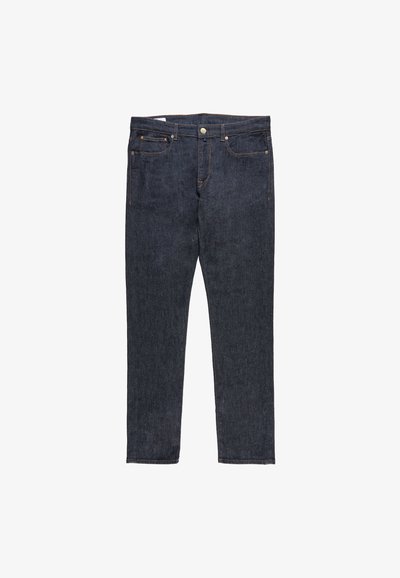 Donkerblauwe denim jeans met een rechte pasvorm, voorzien van een knoopsluiting, vijf zakken en contrasterende stikseldetails.