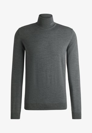 Gray turtleneck sweater made from soft fabric. Features long sleeves and a fitted design with ribbed cuffs and hem. Simple, seamless texture.