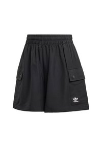 Pantalones cortos negros con cintura elástica y dos bolsillos laterales. Presentan un pequeño logo blanco de Adidas en el frente. Fabricados con tejido ligero.