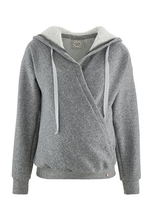 Grau umwickelter Kapuzenpullover aus weichem Material, mit einer gefütterten Kapuze aus weißem Kunstfell, weißen Zugbändern und gerippten Bündchen mit einem dezenten Logoakzent.