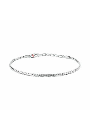 Bracciale a catena in argento con maglie regolabili e chiusura a moschettone su sfondo bianco.