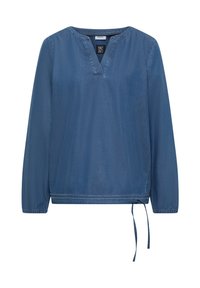 Blouse bleue à manches longues avec col en V et cordon de serrage à l'ourlet, fabriquée en tissu denim léger.