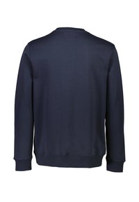 Mörkblå sweatshirt med rundad halsringning, långa ärmar och ribbade manschetter och nederkant. Tillverkad av mjukt tyg med en slät yta.