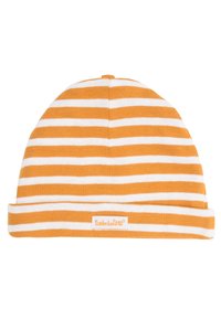Beanie a righe in giallo senape e bianco, realizzato in morbido tessuto a maglia, presenta un bordo arrotolato e un piccolo etichetta con il logo Timberland.