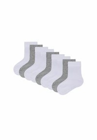 Set aus sechs Socken in Weiß- und Grautönen. Bequemes Material mit geripptem Bündchen-Design. Jede Socke hat einen einfarbigen Stoff.