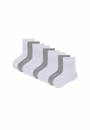 Set van zes paar sokken in witte en grijze kleuren. Comfortabel materiaal met een geribbelde manchetten ontwerp. Elke sok heeft een effen gekleurde body.