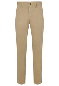 Beige slim-fit byxor med bälteslupor, framknapp och dragkedja, uppvisade liggande på en vit bakgrund.