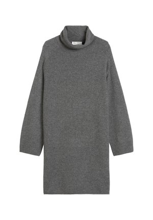 Pull en col roulé gris tricoté avec des manches longues, une coupe décontractée, et des bords côtes au niveau des poignets et de l'ourlet. Texture lisse, tissu léger.