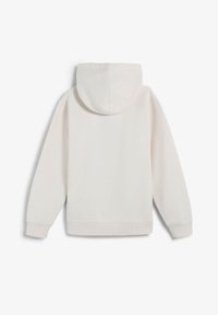 Sudadera con capucha beige claro en tela suave y lisa. Presenta mangas largas, puños acanalados y un bolsillo frontal tipo canguro.