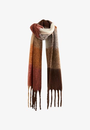 Wollen sjaal met een verloop van warme tinten: oranje, bruin en crème. Heeft gefranjede uiteinden en een zachte, textuurlijke afwerking.